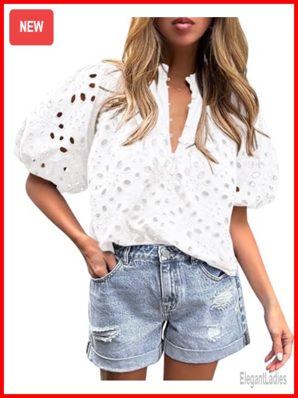 Womens Boho Eyelet Lace Puff Sleeve Button Up Blouse